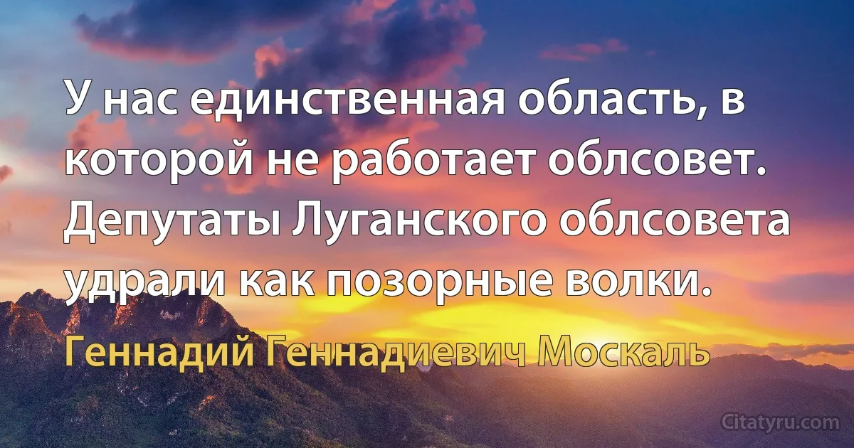 У нас единственная область, в которой не работает облсовет. Депутаты Луганского облсовета удрали как позорные волки. (Геннадий Геннадиевич Москаль)