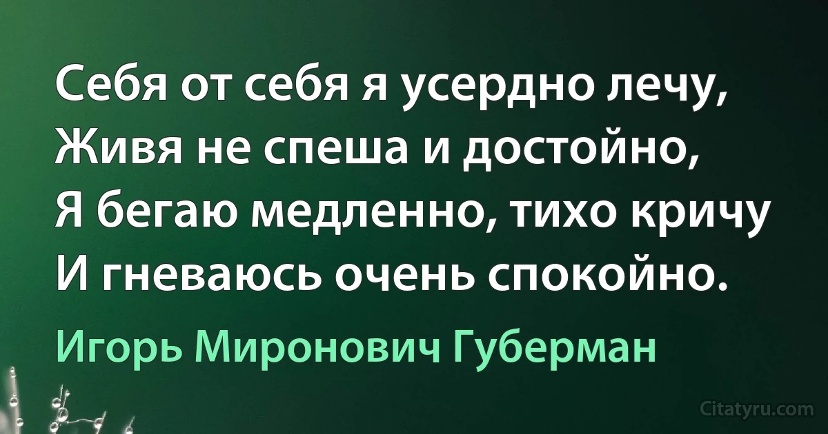 Себя от себя я усердно лечу,
Живя не спеша и достойно,
Я бегаю медленно, тихо кричу
И гневаюсь очень спокойно. (Игорь Миронович Губерман)