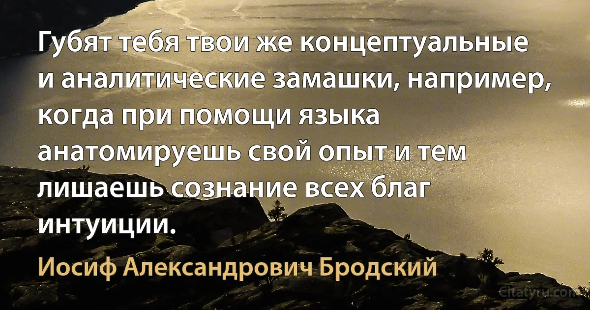 Губят тебя твои же концептуальные и аналитические замашки, например, когда при помощи языка анатомируешь свой опыт и тем лишаешь сознание всех благ интуиции. (Иосиф Александрович Бродский)