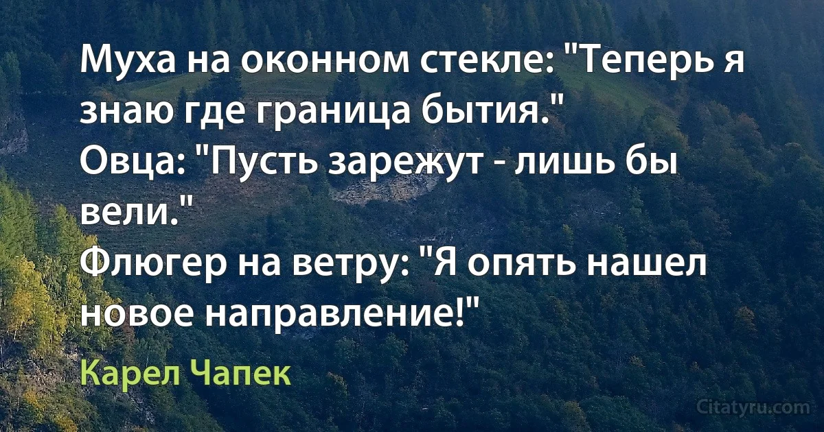 Муха на оконном стекле: "Теперь я знаю где граница бытия."
Овца: "Пусть зарежут - лишь бы вели."
Флюгер на ветру: "Я опять нашел новое направление!" (Карел Чапек)