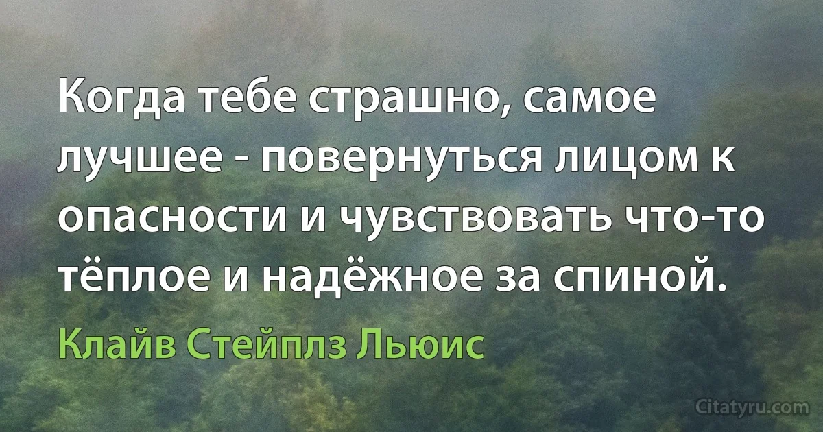 Когда тебе страшно, самое лучшее - повернуться лицом к опасности и чувствовать что-то тёплое и надёжное за спиной. (Клайв Стейплз Льюис)