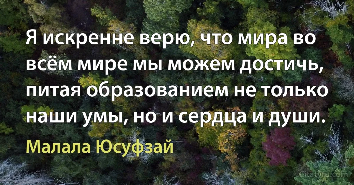 Я искренне верю, что мира во всём мире мы можем достичь, питая образованием не только наши умы, но и сердца и души. (Малала Юсуфзай)