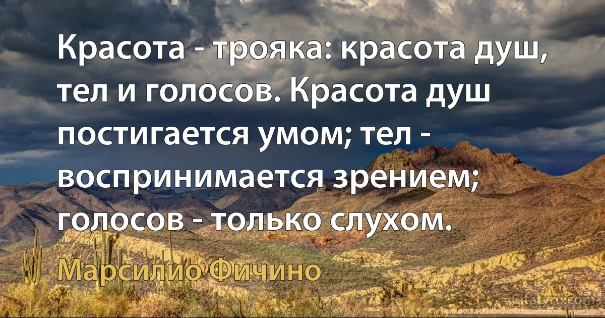 Красота - трояка: красота душ, тел и голосов. Красота душ постигается умом; тел - воспринимается зрением; голосов - только слухом. (Марсилио Фичино)