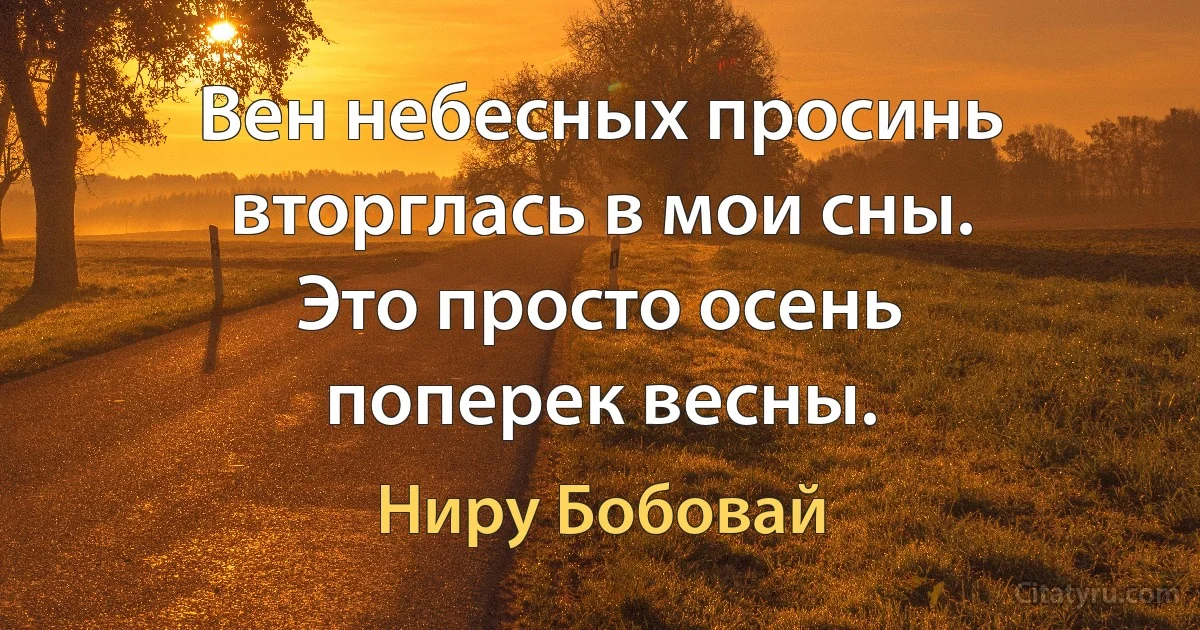 Вен небесных просинь
вторглась в мои сны.
Это просто осень
поперек весны. (Ниру Бобовай)