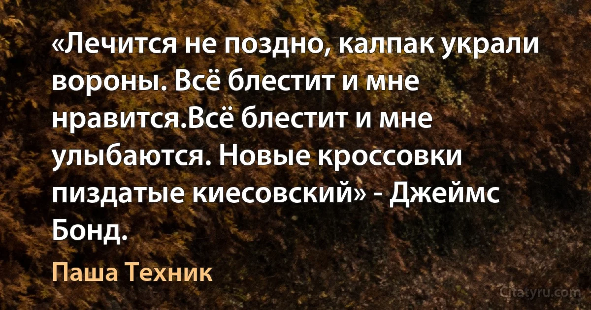 «Лечится не поздно, калпак украли вороны. Всё блестит и мне нравится.Всё блестит и мне улыбаются. Новые кроссовки пиздатые киесовский» - Джеймс Бонд. (Паша Техник)