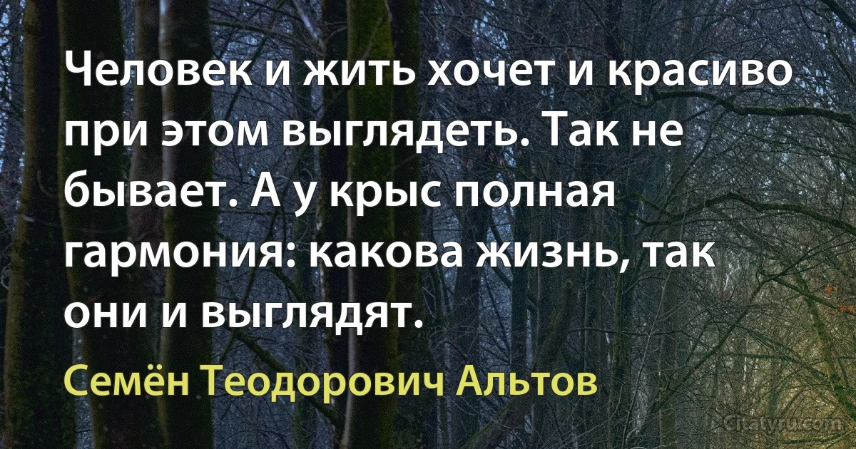 Человек и жить хочет и красиво при этом выглядеть. Так не бывает. А у крыс полная гармония: какова жизнь, так они и выглядят. (Семён Теодорович Альтов)