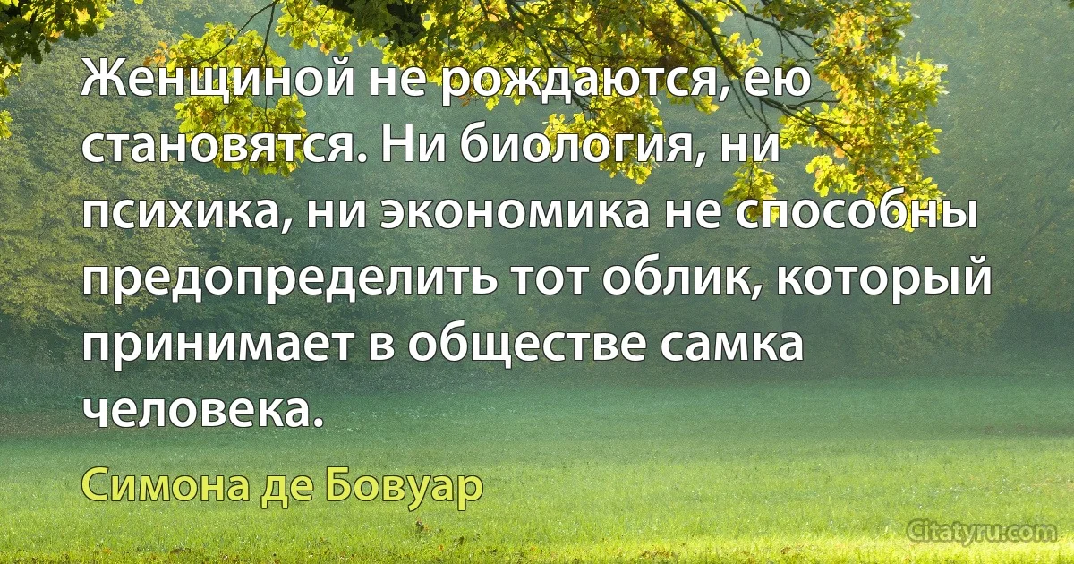 Женщиной не рождаются, ею становятся. Ни биология, ни психика, ни экономика не способны предопределить тот облик, который принимает в обществе самка человека. (Симона де Бовуар)