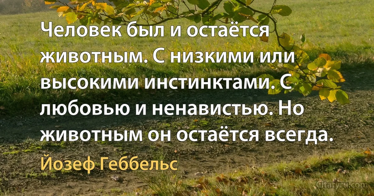 Человек был и остаётся животным. С низкими или высокими инстинктами. С любовью и ненавистью. Но животным он остаётся всегда. (Йозеф Геббельс)