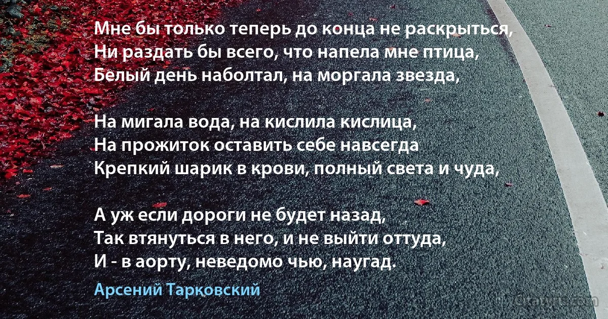 Мне бы только теперь до конца не раскрыться,
Ни раздать бы всего, что напела мне птица,
Белый день наболтал, на моргала звезда,

На мигала вода, на кислила кислица,
На прожиток оставить себе навсегда
Крепкий шарик в крови, полный света и чуда,

А уж если дороги не будет назад,
Так втянуться в него, и не выйти оттуда,
И - в аорту, неведомо чью, наугад. (Арсений Тарковский)