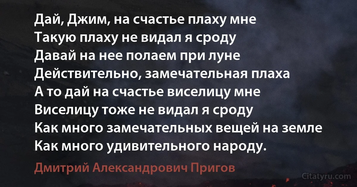 Дай, Джим, на счастье плаху мне
Такую плаху не видал я сроду
Давай на нее полаем при луне
Действительно, замечательная плаха
А то дай на счастье виселицу мне
Виселицу тоже не видал я сроду
Как много замечательных вещей на земле
Как много удивительного народу. (Дмитрий Александрович Пригов)