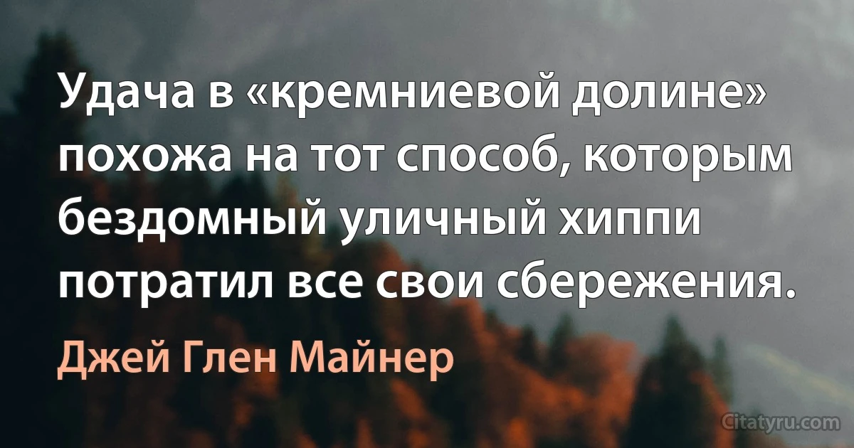 Удача в «кремниевой долине» похожа на тот способ, которым бездомный уличный хиппи потратил все свои сбережения. (Джей Глен Майнер)