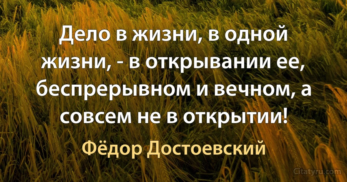 Дело в жизни, в одной жизни, - в открывании ее, беспрерывном и вечном, а совсем не в открытии! (Фёдор Достоевский)