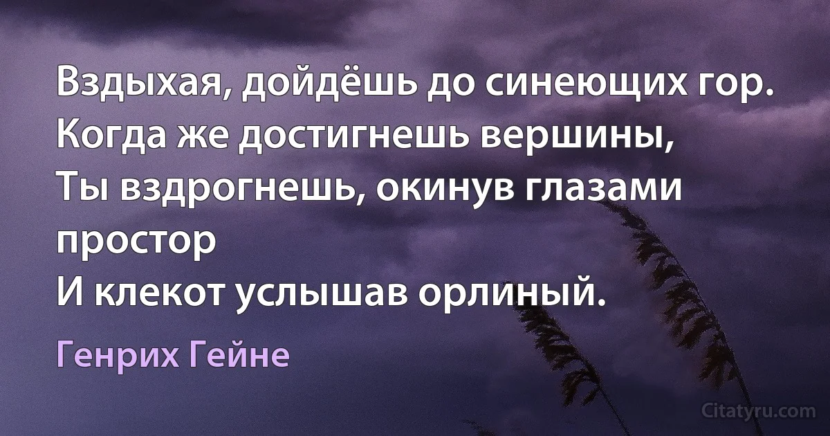 Вздыхая, дойдёшь до синеющих гор.
Когда же достигнешь вершины,
Ты вздрогнешь, окинув глазами простор
И клекот услышав орлиный. (Генрих Гейне)