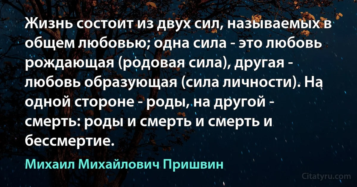 Жизнь состоит из двух сил, называемых в общем любовью; одна сила - это любовь рождающая (родовая сила), другая - любовь образующая (сила личности). На одной стороне - роды, на другой - смерть: роды и смерть и смерть и бессмертие. (Михаил Михайлович Пришвин)