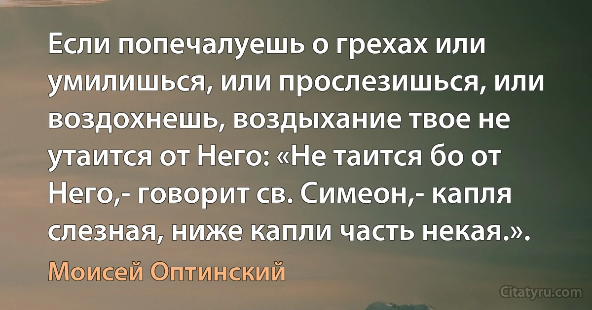 Если попечалуешь о грехах или умилишься, или прослезишься, или воздохнешь, воздыхание твое не утаится от Него: «Не таится бо от Него,- говорит св. Симеон,- капля слезная, ниже капли часть некая.». (Моисей Оптинский)