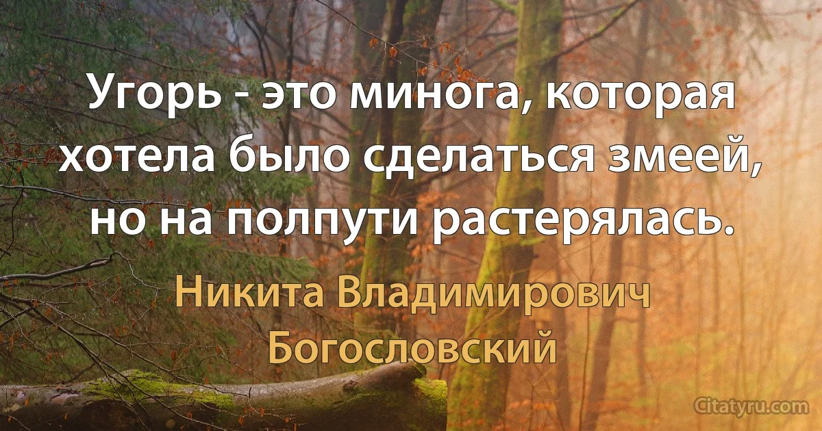 Угорь - это минога, которая хотела было сделаться змеей, но на полпути растерялась. (Никита Владимирович Богословский)