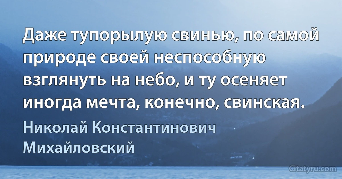 Даже тупорылую свинью, по самой природе своей неспособную взглянуть на небо, и ту осеняет иногда мечта, конечно, свинская. (Николай Константинович Михайловский)