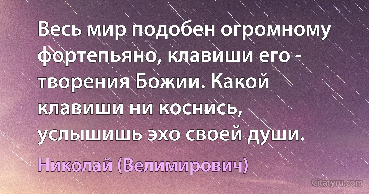 Весь мир подобен огромному фортепьяно, клавиши его - творения Божии. Какой клавиши ни коснись, услышишь эхо своей души. (Николай (Велимирович))