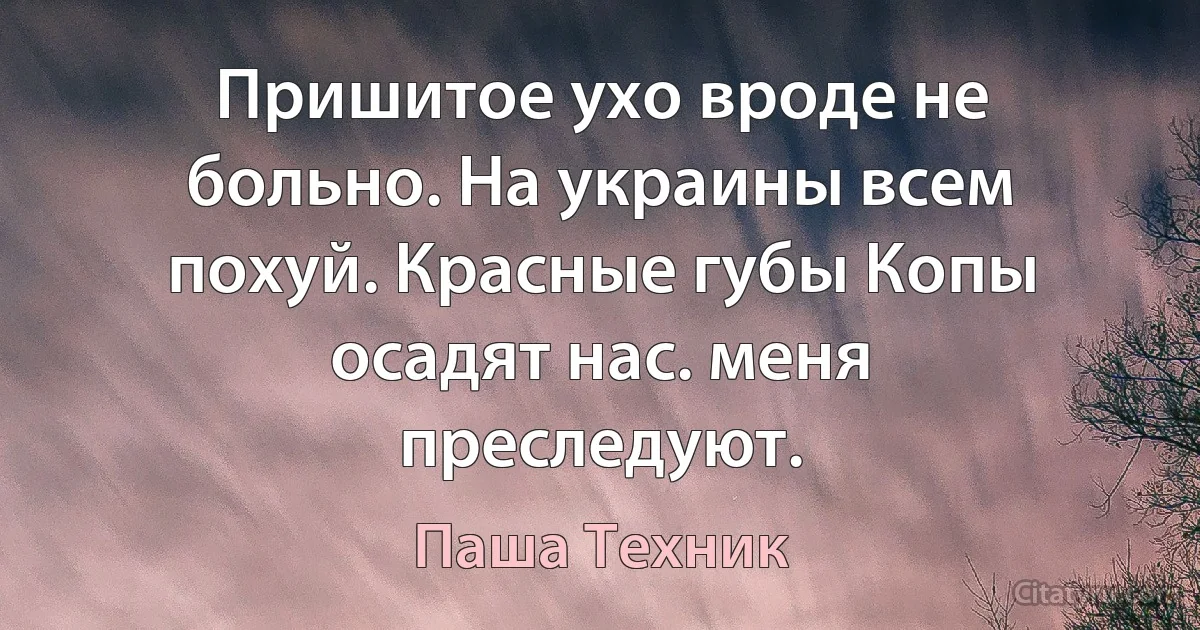 Пришитое ухо вроде не больно. На украины всем похуй. Красные губы Копы осадят нас. меня преследуют. (Паша Техник)