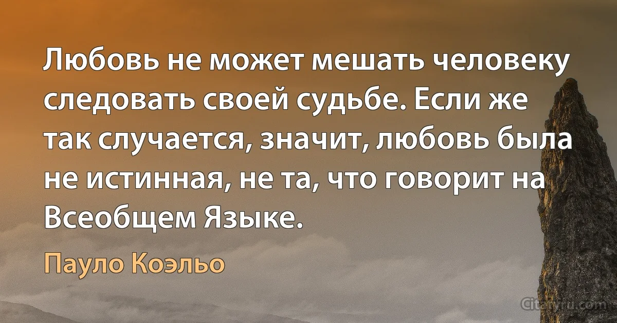 Любовь не может мешать человеку следовать своей судьбе. Если же так случается, значит, любовь была не истинная, не та, что говорит на Всеобщем Языке. (Пауло Коэльо)