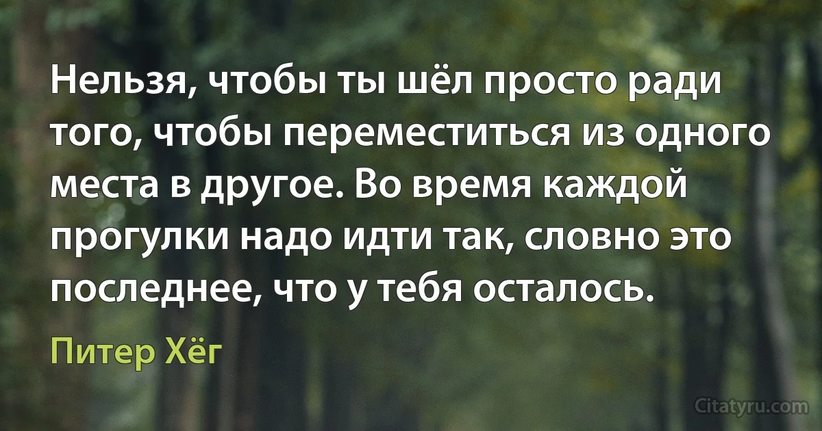 Нельзя, чтобы ты шёл просто ради того, чтобы переместиться из одного места в другое. Во время каждой прогулки надо идти так, словно это последнее, что у тебя осталось. (Питер Хёг)