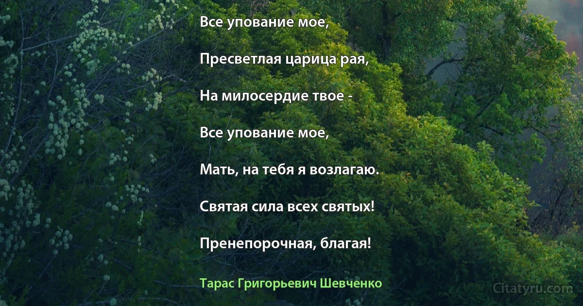 Все упование мое,

Пресветлая царица рая,

На милосердие твое -

Все упование мое,

Мать, на тебя я возлагаю.

Святая сила всех святых!

Пренепорочная, благая! (Тарас Григорьевич Шевченко)