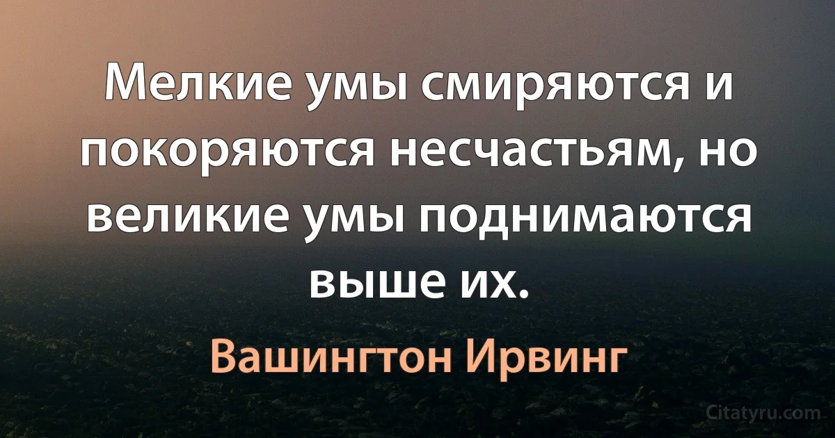 Мелкие умы смиряются и покоряются несчастьям, но великие умы поднимаются выше их. (Вашингтон Ирвинг)