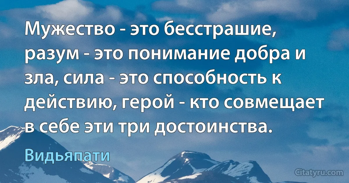 Мужество - это бесстрашие, разум - это понимание добра и зла, сила - это способность к действию, герой - кто совмещает в себе эти три достоинства. (Видьяпати)