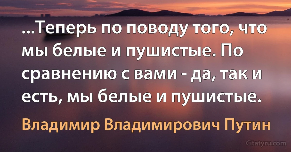 ...Теперь по поводу того, что мы белые и пушистые. По сравнению с вами - да, так и есть, мы белые и пушистые. (Владимир Владимирович Путин)