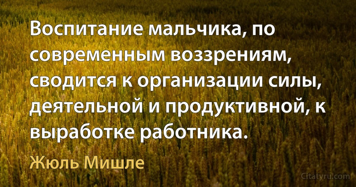 Воспитание мальчика, по современным воззрениям, сводится к организации силы, деятельной и продуктивной, к выработке работника. (Жюль Мишле)