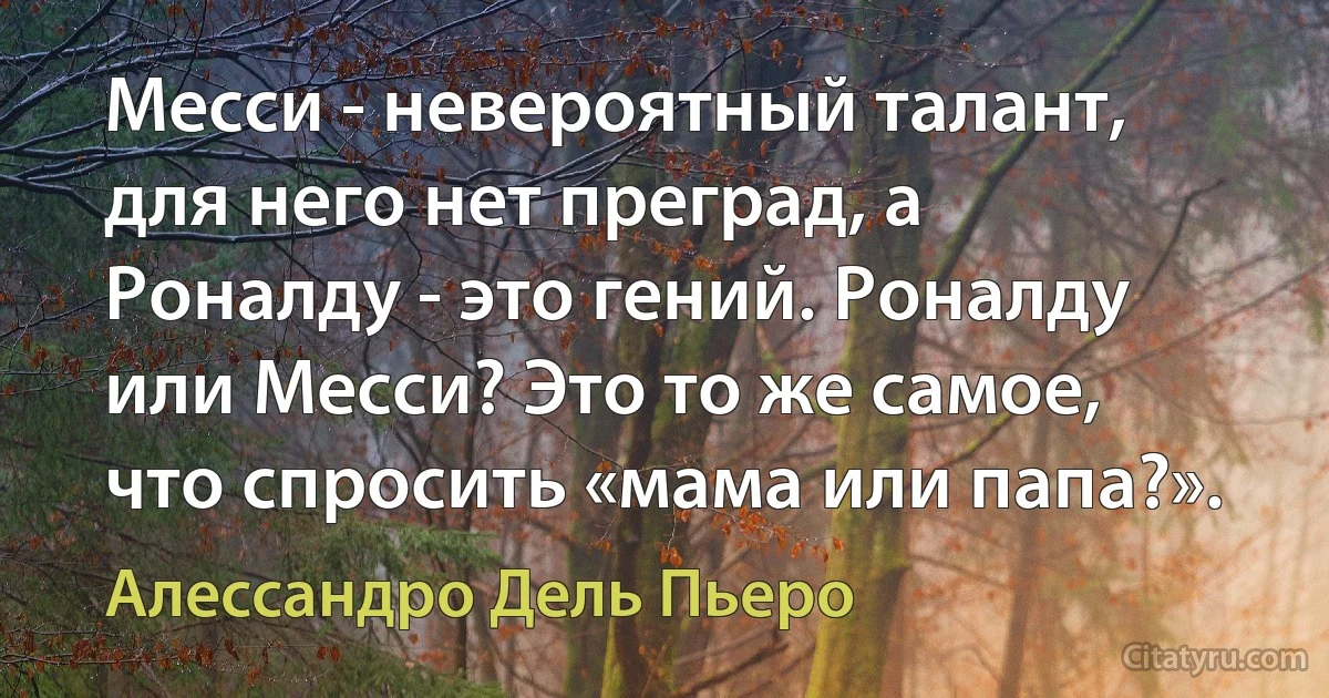 Месси - невероятный талант, для него нет преград, а Роналду - это гений. Роналду или Месси? Это то же самое, что спросить «мама или папа?». (Алессандро Дель Пьеро)