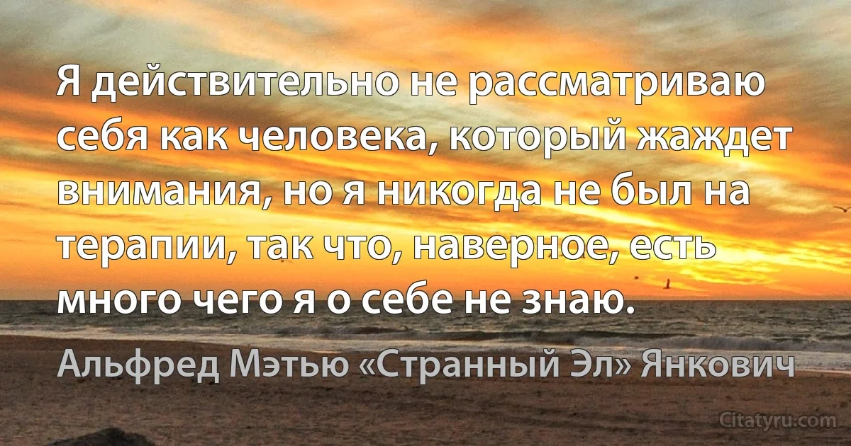 Я действительно не рассматриваю себя как человека, который жаждет внимания, но я никогда не был на терапии, так что, наверное, есть много чего я о себе не знаю. (Альфред Мэтью «Странный Эл» Янкович)