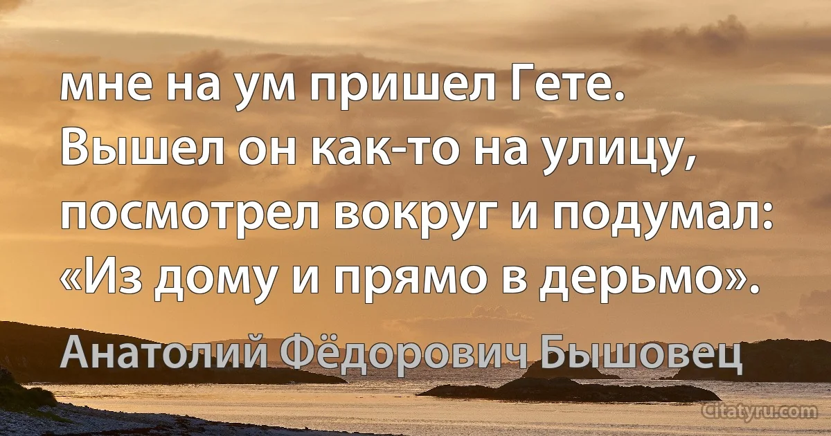 мне на ум пришел Гете. Вышел он как-то на улицу, посмотрел вокруг и подумал: «Из дому и прямо в дерьмо». (Анатолий Фёдорович Бышовец)