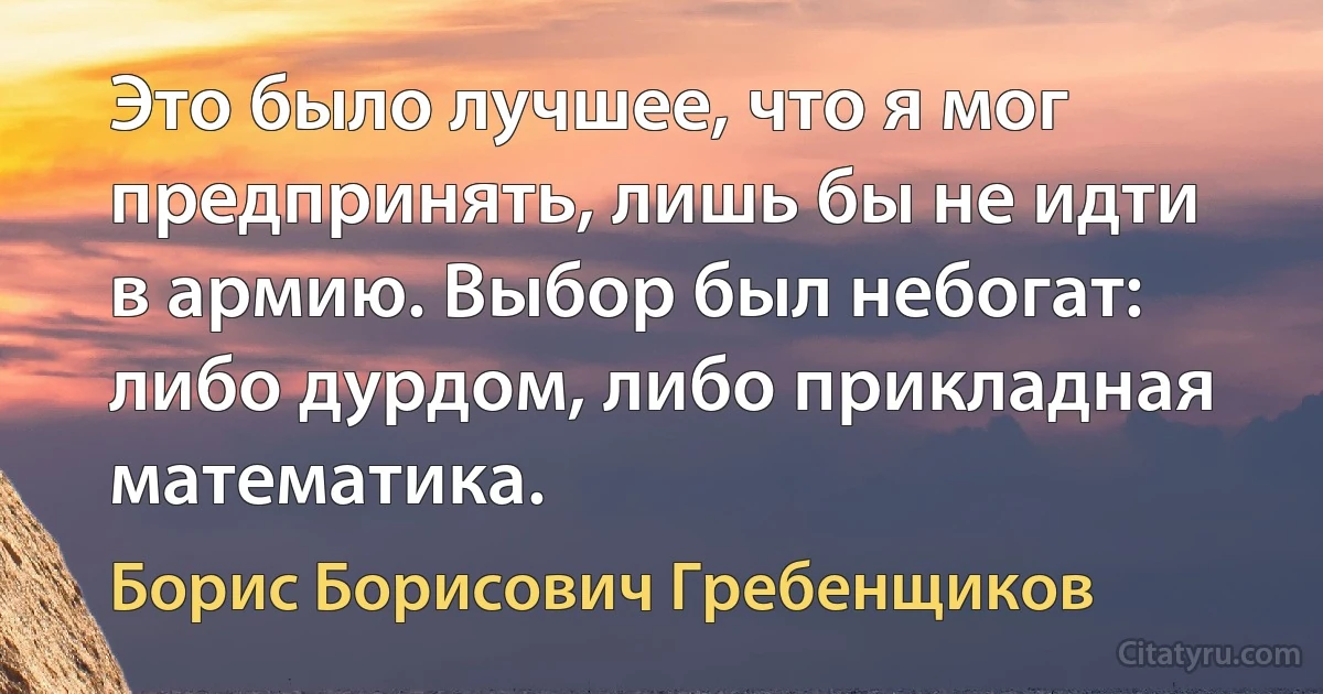 Это было лучшее, что я мог предпринять, лишь бы не идти в армию. Выбор был небогат: либо дурдом, либо прикладная математика. (Борис Борисович Гребенщиков)