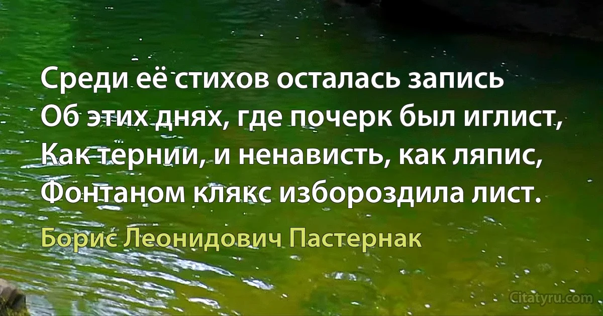 Среди её стихов осталась запись
Об этих днях, где почерк был иглист,
Как тернии, и ненависть, как ляпис,
Фонтаном клякс избороздила лист. (Борис Леонидович Пастернак)