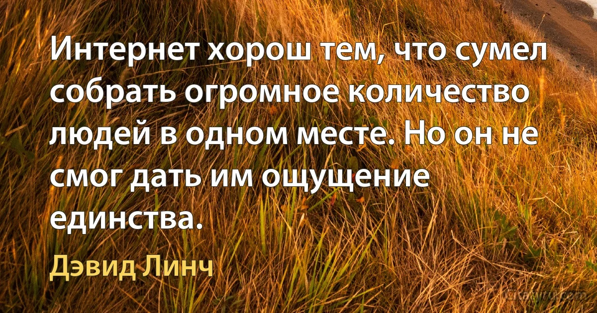 Интернет хорош тем, что сумел собрать огромное количество людей в одном месте. Но он не смог дать им ощущение единства. (Дэвид Линч)