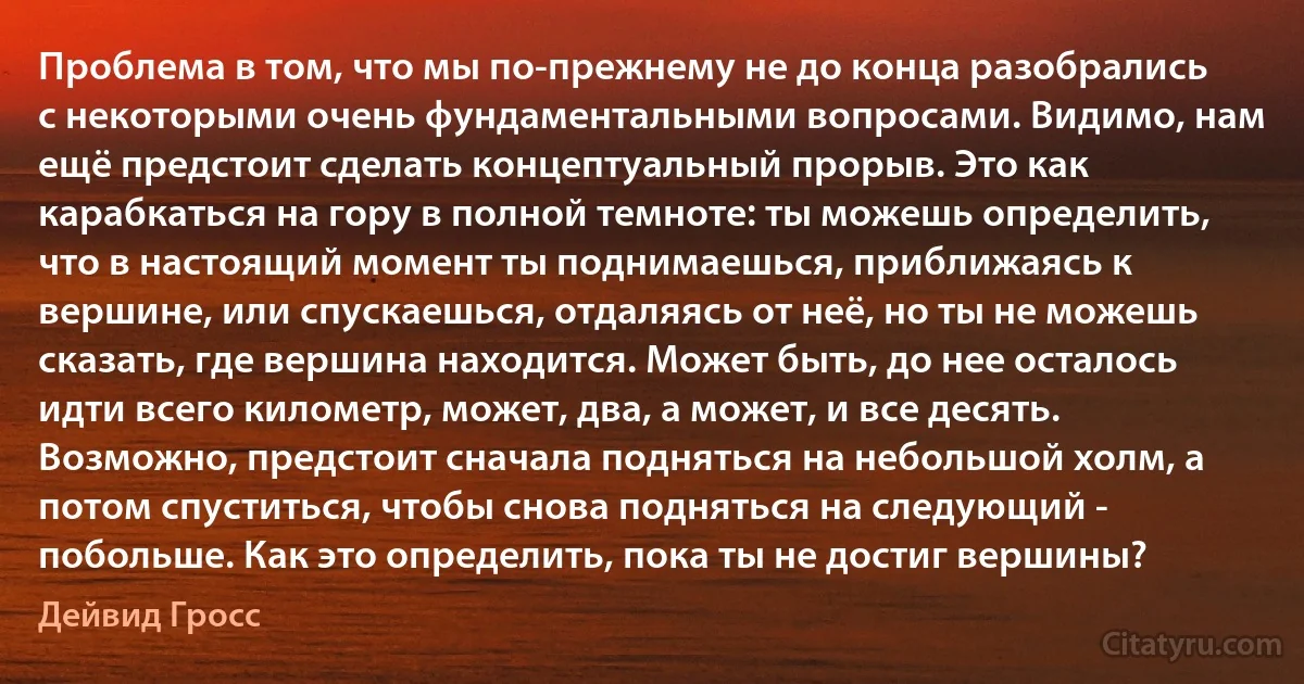 Проблема в том, что мы по-прежнему не до конца разобрались с некоторыми очень фундаментальными вопросами. Видимо, нам ещё предстоит сделать концептуальный прорыв. Это как карабкаться на гору в полной темноте: ты можешь определить, что в настоящий момент ты поднимаешься, приближаясь к вершине, или спускаешься, отдаляясь от неё, но ты не можешь сказать, где вершина находится. Может быть, до нее осталось идти всего километр, может, два, а может, и все десять. Возможно, предстоит сначала подняться на небольшой холм, а потом спуститься, чтобы снова подняться на следующий - побольше. Как это определить, пока ты не достиг вершины? (Дейвид Гросс)