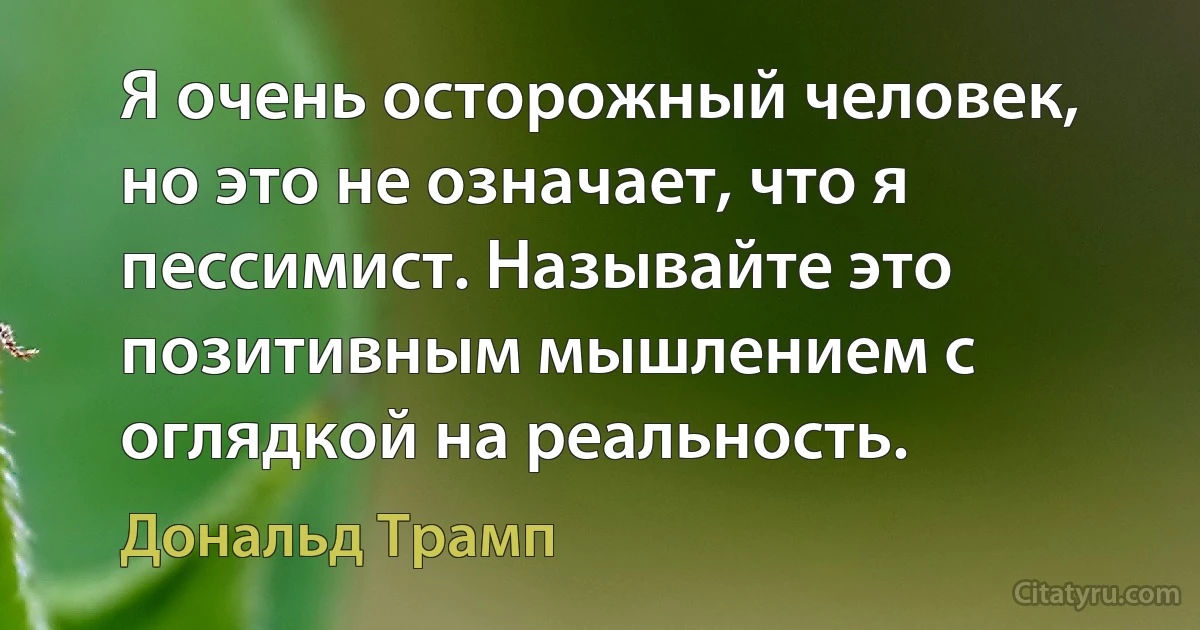 Я очень осторожный человек, но это не означает, что я пессимист. Называйте это позитивным мышлением с оглядкой на реальность. (Дональд Трамп)