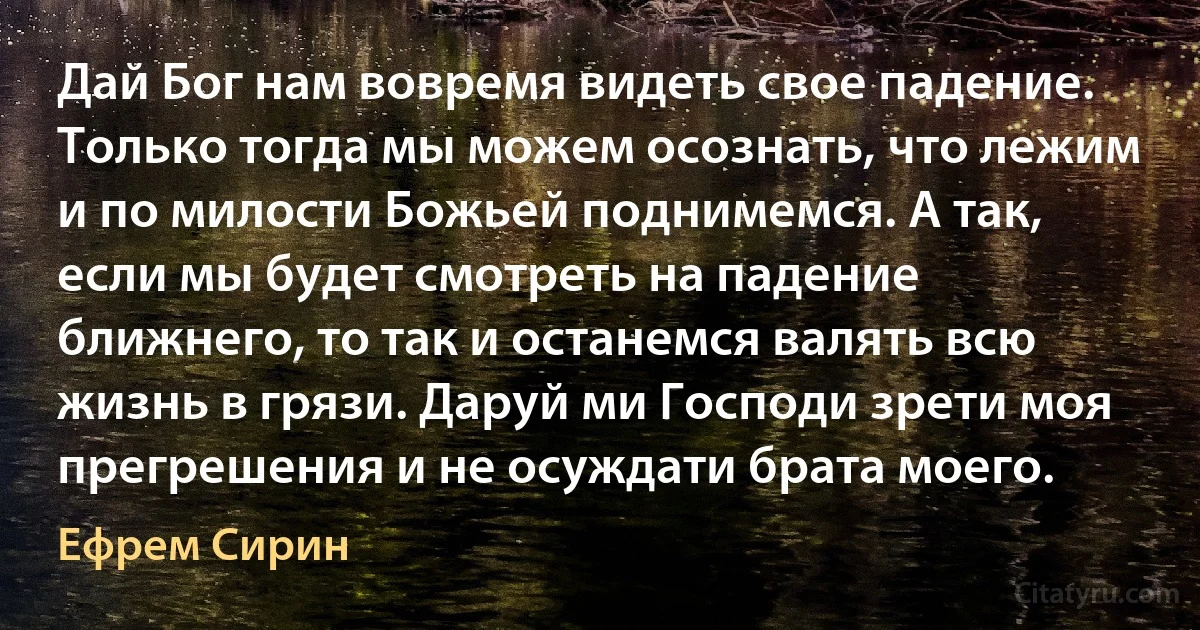 Дай Бог нам вовремя видеть свое падение. Только тогда мы можем осознать, что лежим и по милости Божьей поднимемся. А так, если мы будет смотреть на падение ближнего, то так и останемся валять всю жизнь в грязи. Даруй ми Господи зрети моя прегрешения и не осуждати брата моего. (Ефрем Сирин)