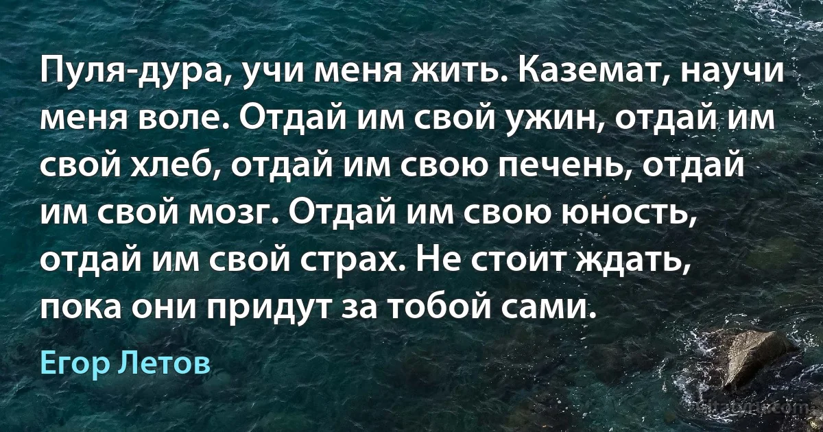 Пуля-дура, учи меня жить. Каземат, научи меня воле. Отдай им свой ужин, отдай им свой хлеб, отдай им свою печень, отдай им свой мозг. Отдай им свою юность, отдай им свой страх. Не стоит ждать, пока они придут за тобой сами. (Егор Летов)