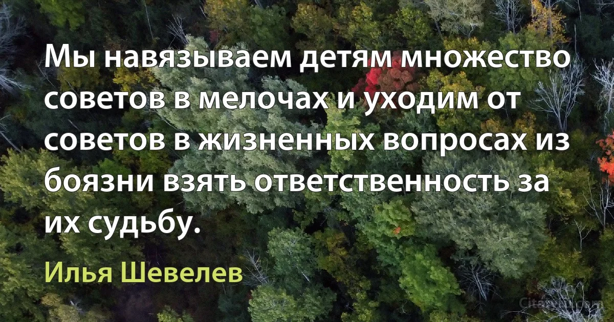 Мы навязываем детям множество советов в мелочах и уходим от советов в жизненных вопросах из боязни взять ответственность за их судьбу. (Илья Шевелев)