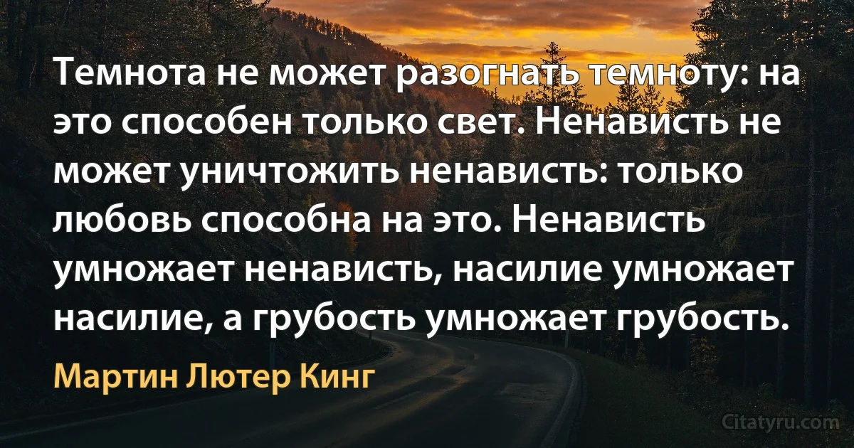 Темнота не может разогнать темноту: на это способен только свет. Ненависть не может уничтожить ненависть: только любовь способна на это. Ненависть умножает ненависть, насилие умножает насилие, а грубость умножает грубость. (Мартин Лютер Кинг)