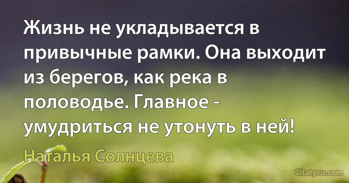 Жизнь не укладывается в привычные рамки. Она выходит из берегов, как река в половодье. Главное - умудриться не утонуть в ней! (Наталья Солнцева)