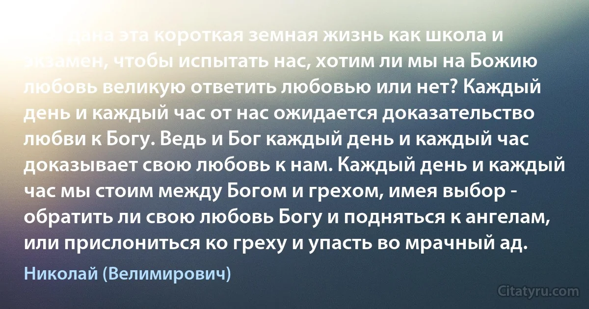 Нам дана эта короткая земная жизнь как школа и экзамен, чтобы испытать нас, хотим ли мы на Божию любовь великую ответить любовью или нет? Каждый день и каждый час от нас ожидается доказательство любви к Богу. Ведь и Бог каждый день и каждый час доказывает свою любовь к нам. Каждый день и каждый час мы стоим между Богом и грехом, имея выбор - обратить ли свою любовь Богу и подняться к ангелам, или прислониться ко греху и упасть во мрачный ад. (Николай (Велимирович))