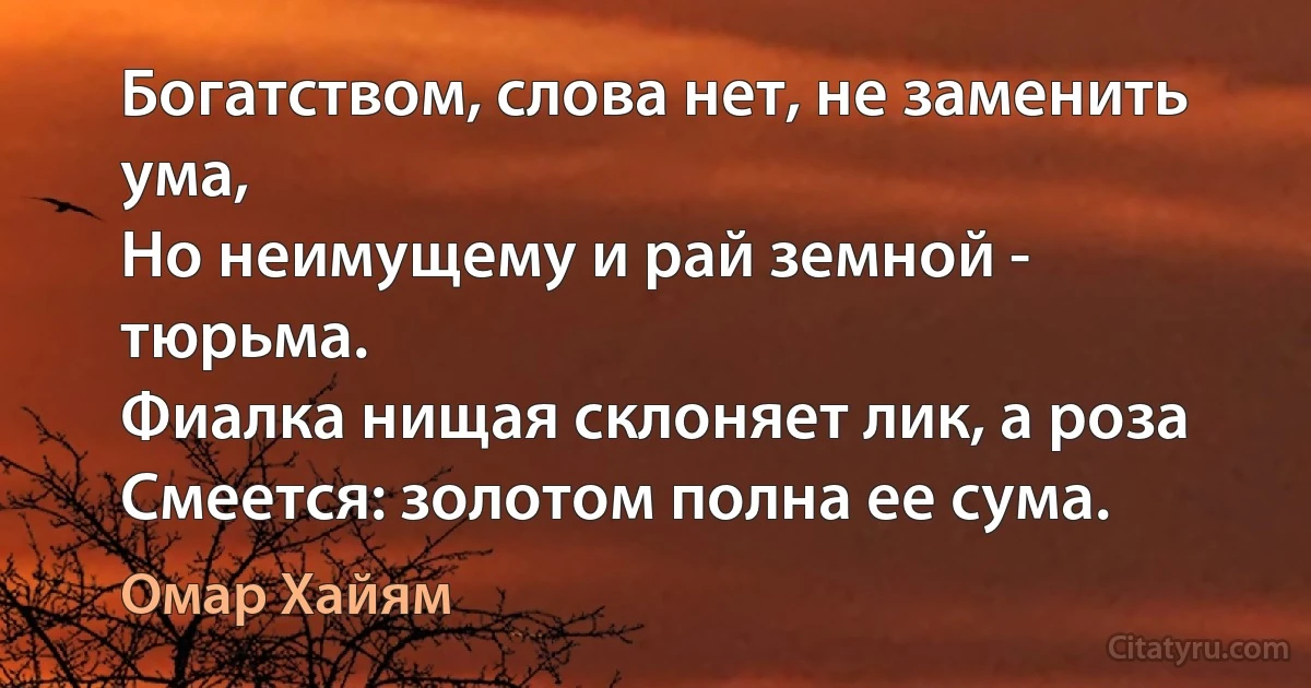 Богатством, слова нет, не заменить ума,
Но неимущему и рай земной - тюрьма.
Фиалка нищая склоняет лик, а роза
Смеется: золотом полна ее сума. (Омар Хайям)