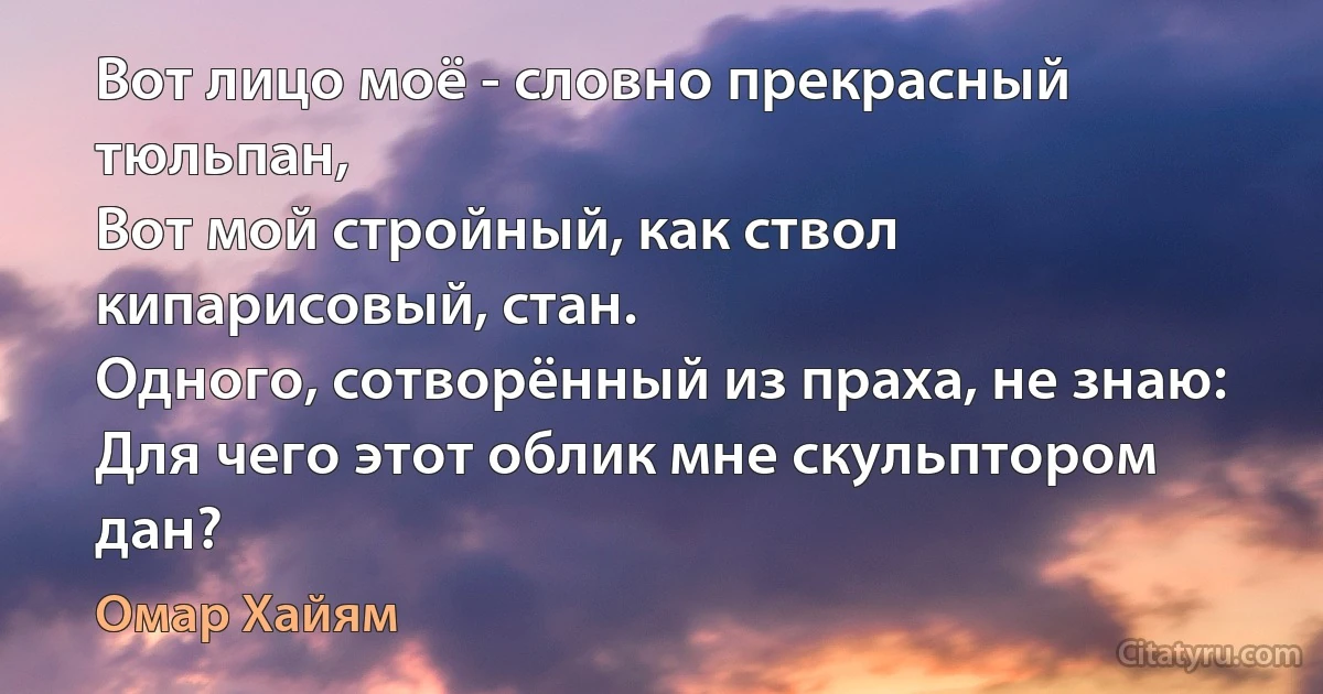 Вот лицо моё - словно прекрасный тюльпан,
Вот мой стройный, как ствол кипарисовый, стан.
Одного, сотворённый из праха, не знаю:
Для чего этот облик мне скульптором дан? (Омар Хайям)