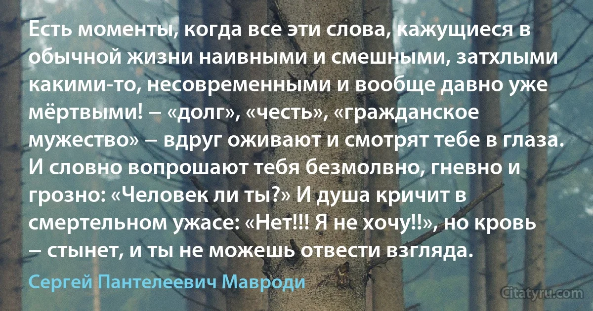 Есть моменты, когда все эти слова, кажущиеся в обычной жизни наивными и смешными, затхлыми какими-то, несовременными и вообще давно уже мёртвыми! − «долг», «честь», «гражданское мужество» − вдруг оживают и смотрят тебе в глаза. И словно вопрошают тебя безмолвно, гневно и грозно: «Человек ли ты?» И душа кричит в смертельном ужасе: «Нет!!! Я не хочу!!», но кровь − стынет, и ты не можешь отвести взгляда. (Сергей Пантелеевич Мавроди)