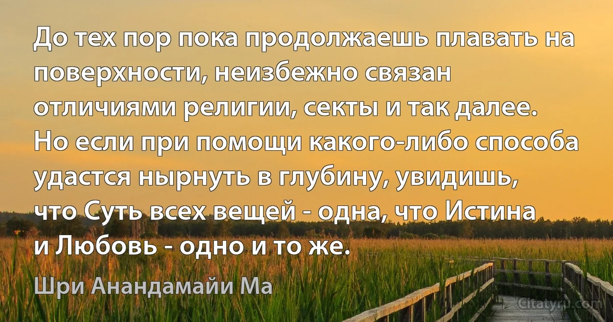 До тех пор пока продолжаешь плавать на поверхности, неизбежно связан отличиями религии, секты и так далее. Но если при помощи какого-либо способа удастся нырнуть в глубину, увидишь, что Суть всех вещей - одна, что Истина и Любовь - одно и то же. (Шри Анандамайи Ма)