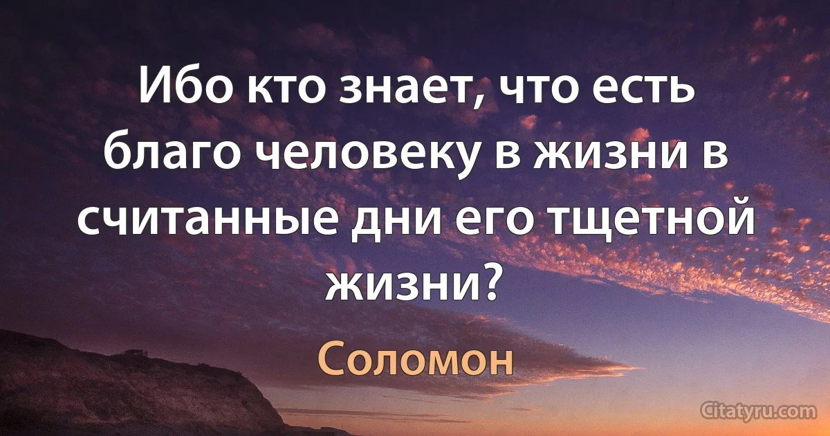 Ибо кто знает, что есть благо человеку в жизни в считанные дни его тщетной жизни? (Соломон)