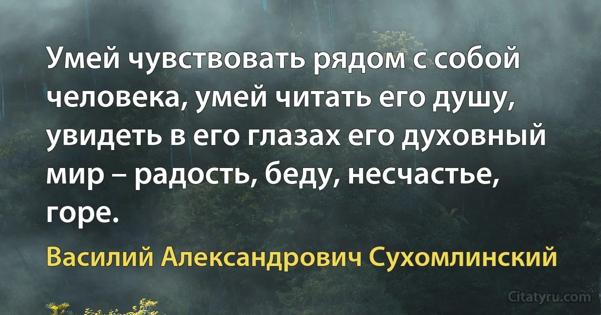 Умей чувствовать рядом с собой человека, умей читать его душу, увидеть в его глазах его духовный мир – радость, беду, несчастье, горе. (Василий Александрович Сухомлинский)